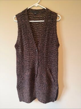 Sanctuary Boho Brown & Black Marled Knit Long Sweater Vest - Open Crochet Med